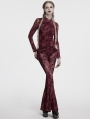 Red Gothic Crescent Hollowed Printed Mesh Long Flare Pants for Women