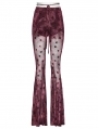 Red Gothic Crescent Hollowed Printed Mesh Long Flare Pants for Women