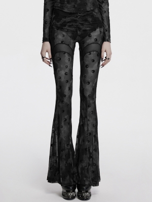Grey Gothic Crescent Hollowed Printed Mesh Long Flare Pants for Women