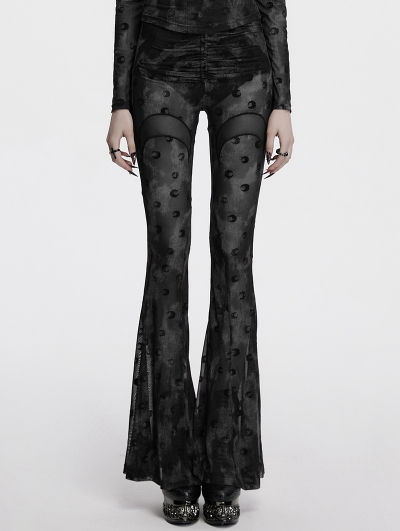Grey Gothic Crescent Hollowed Printed Mesh Long Flare Pants for Women