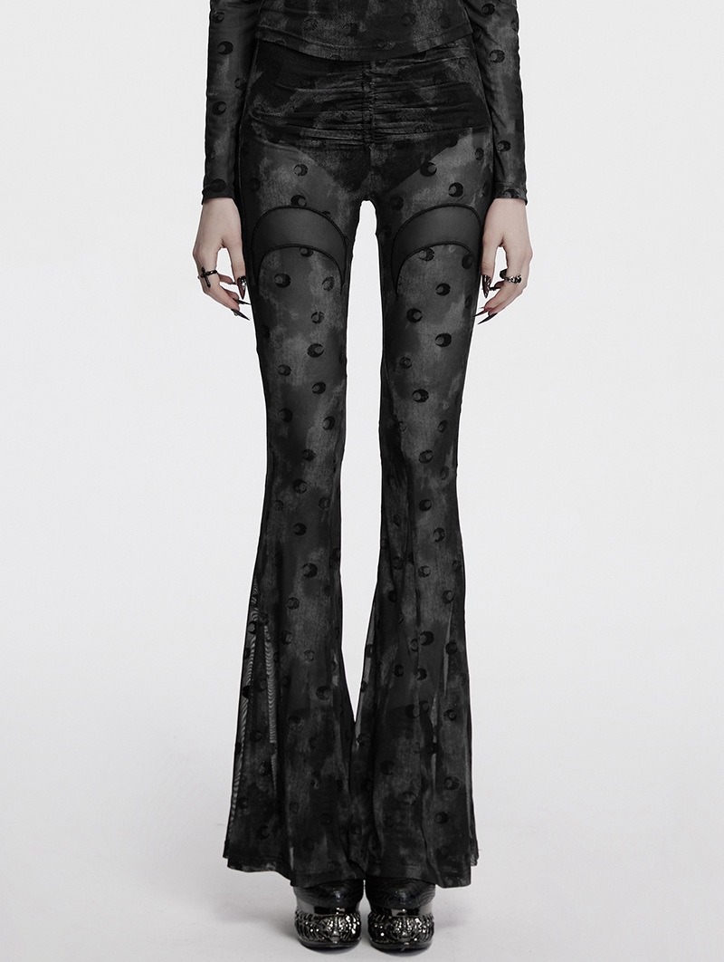 Grey Gothic Crescent Hollowed Printed Mesh Long Flare Pants for Women