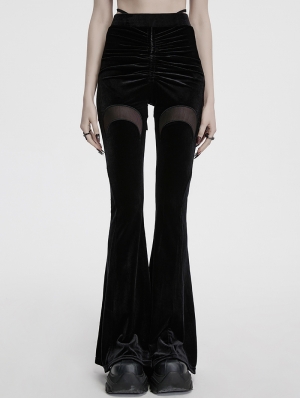 Black Gothic Crescent Hollowed Printed Velvet Long Flare Pants for Women