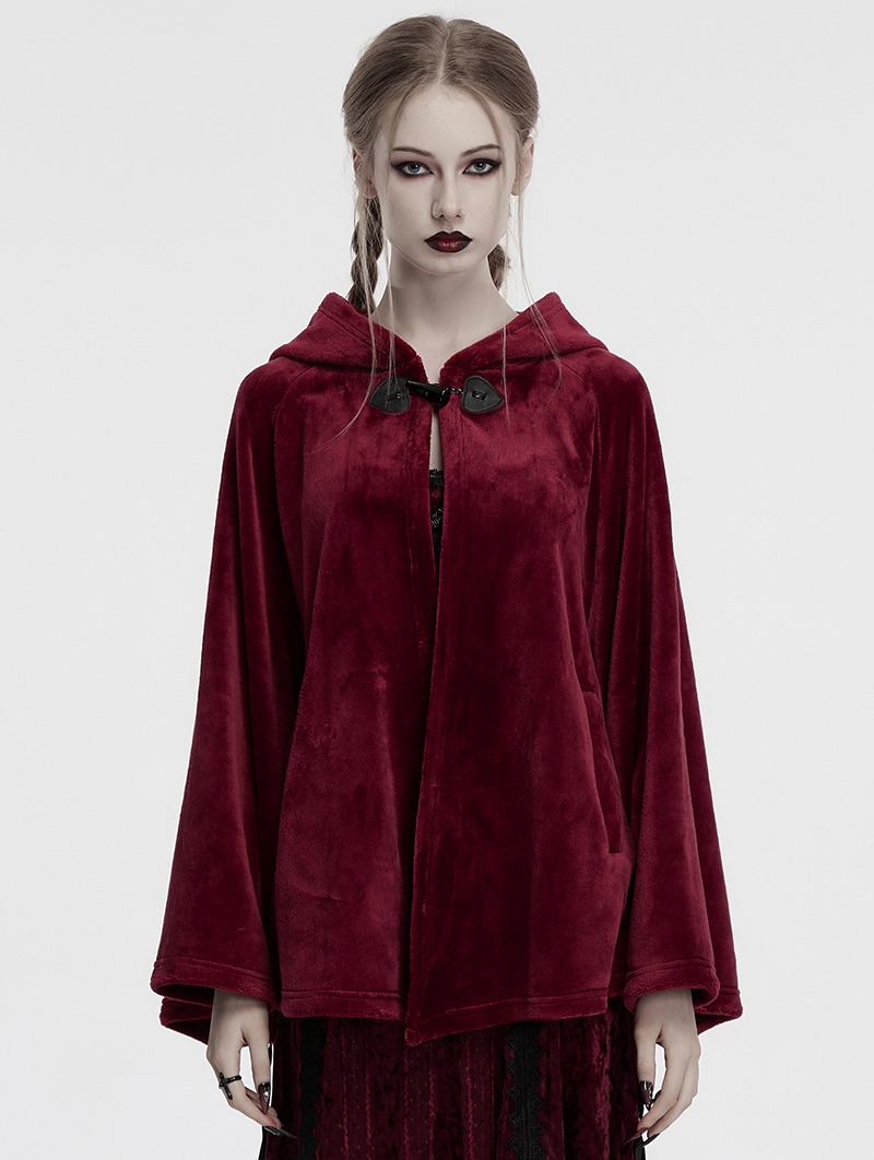 Red Dark Gothic Velvet Moon Hooded Cape Coat for Women