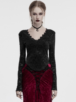 Black Gothic Sexy V-Neck Floral Lace Long Sleeve Shirt for Women