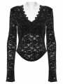 Black Gothic Sexy V-Neck Floral Lace Long Sleeve Shirt for Women