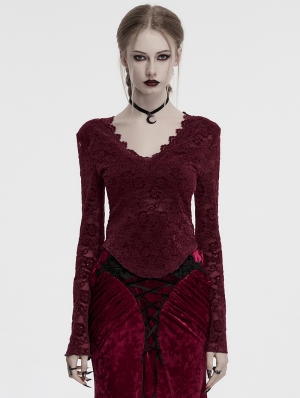 Red Gothic Sexy V-Neck Floral Lace Long Sleeve Shirt for Women