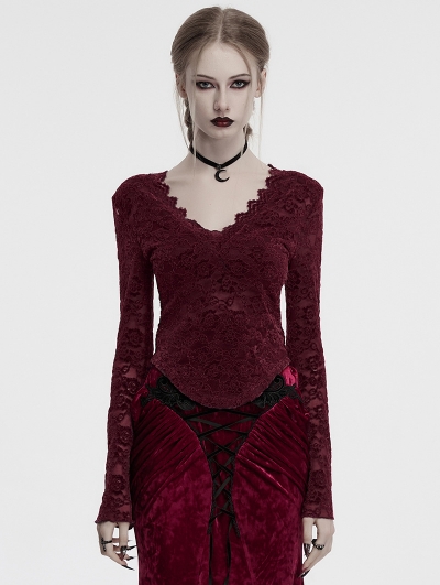 Red Gothic Sexy V-Neck Floral Lace Long Sleeve Shirt for Women