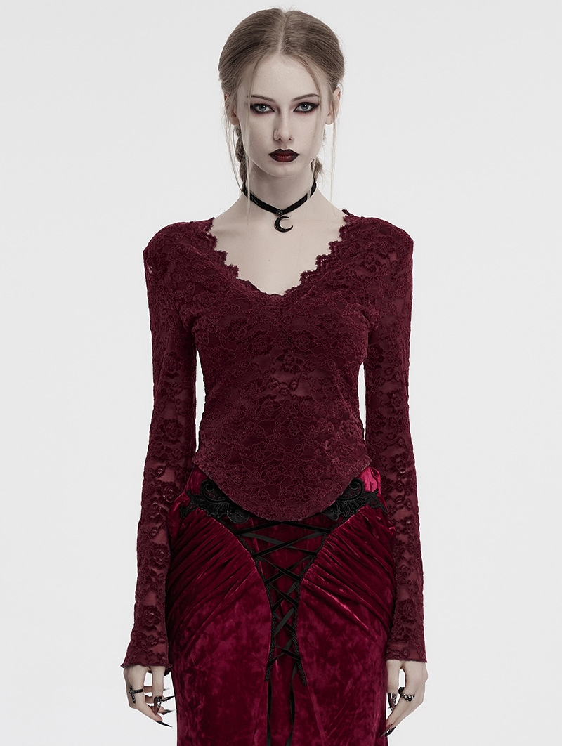 Red Gothic Sexy V-Neck Floral Lace Long Sleeve Shirt for Women