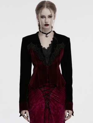 Black and Red Gothic Bat Hem Vintage Velvet Jacket for Women