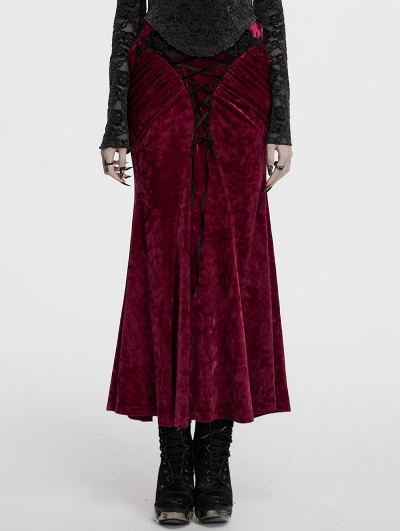 Red Vintage Gothic Lace Up Velvet Long Fishtail Skirt