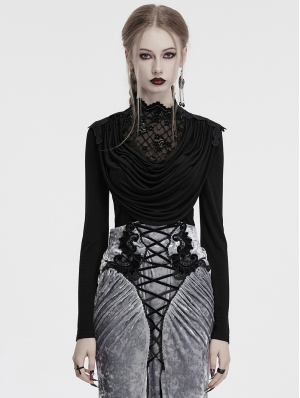 Black Gothic Swinging Collar Lace Long Sleeve Shirt for Women