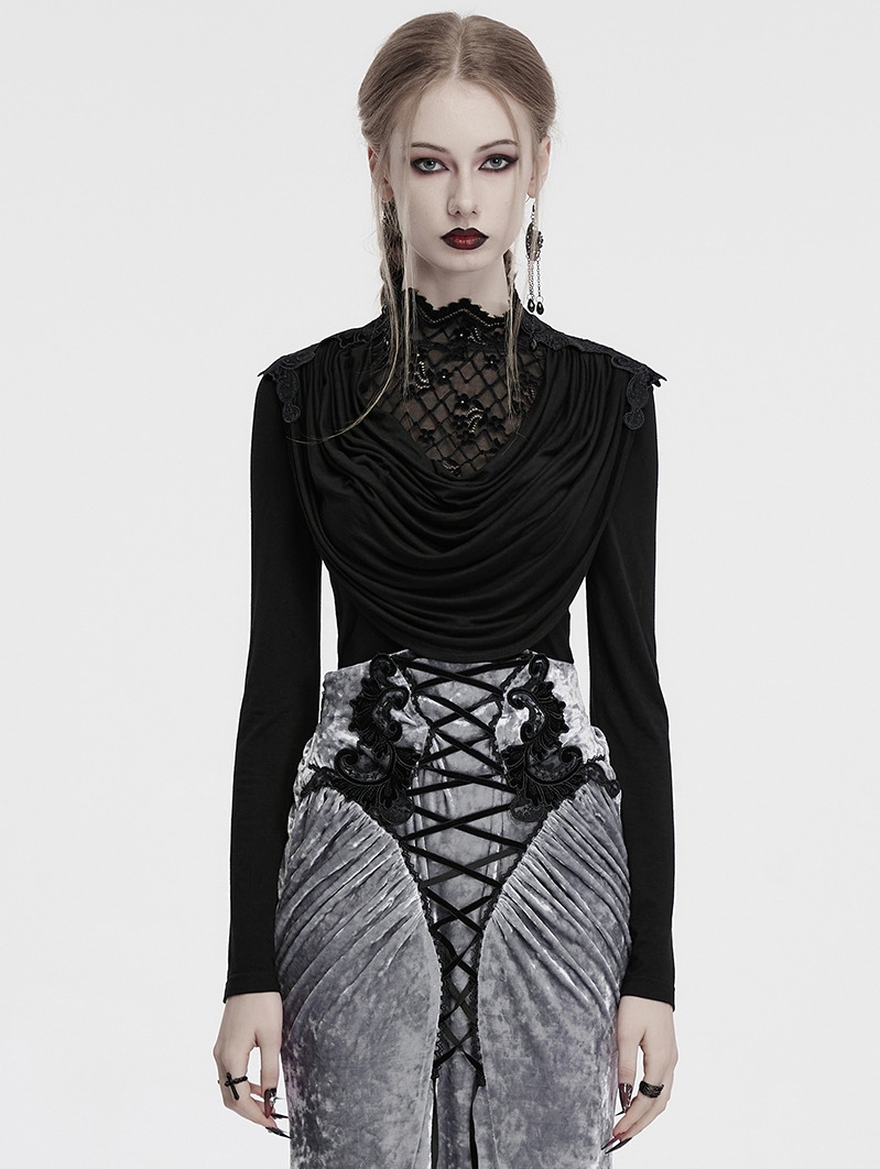 Black Gothic Swinging Collar Lace Long Sleeve Shirt for Women