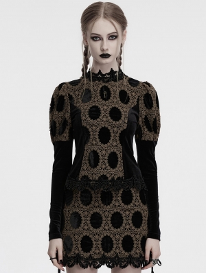 Black and Coffee Gothic Retro Palace Style Velvet Long Sleeve Shirt for Women
