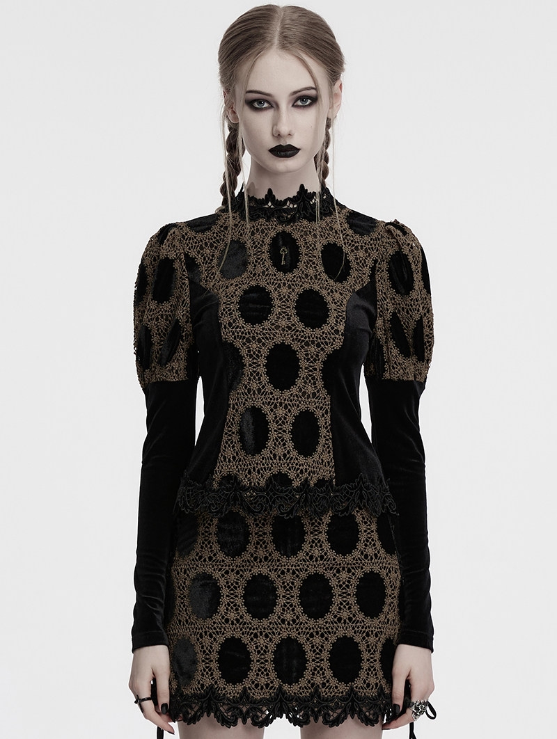 Black and Coffee Gothic Retro Palace Style Velvet Long Sleeve Shirt for Women