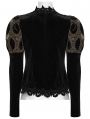 Black and Coffee Gothic Retro Palace Style Velvet Long Sleeve Shirt for Women