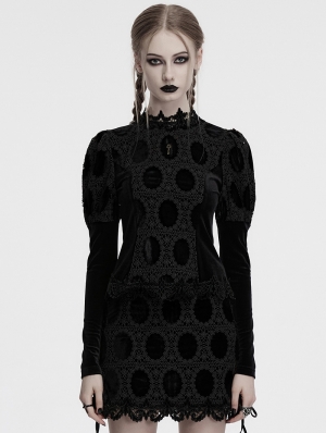 Black Gothic Retro Palace Style Velvet Long Sleeve Shirt for Women
