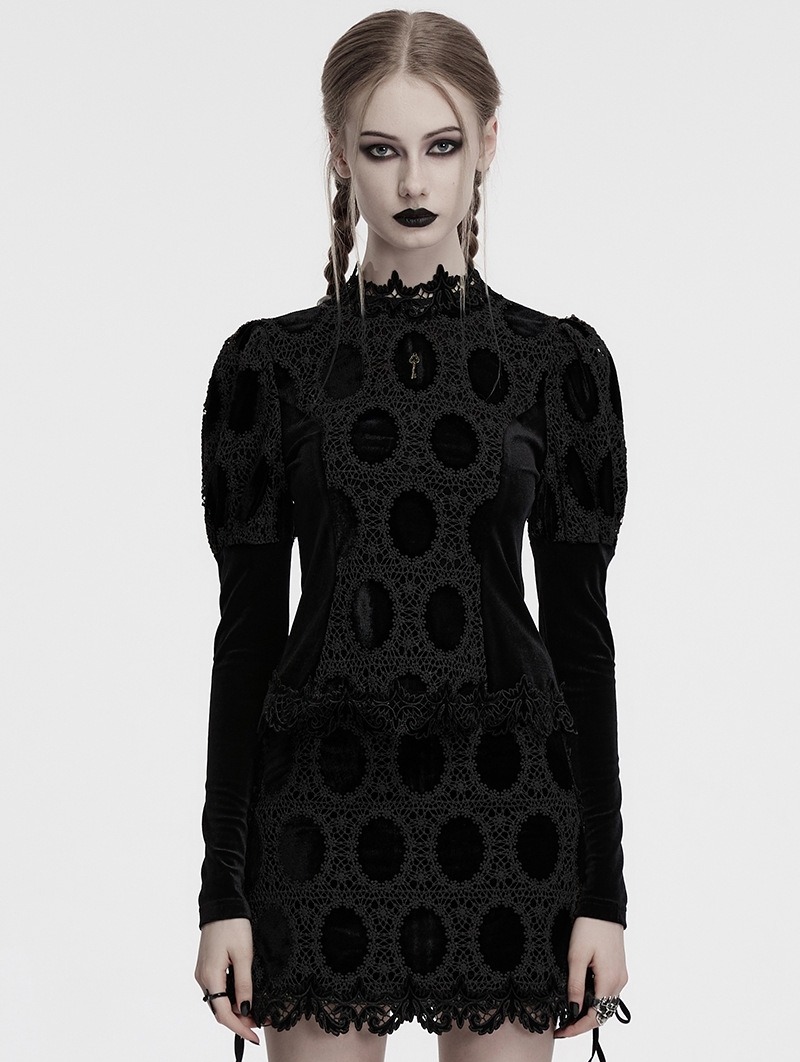 Black Gothic Retro Palace Style Velvet Long Sleeve Shirt for Women