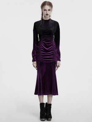 Black and Violet Gothic Velvet Gradient Long Sleeve Fishtail Dress