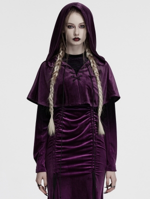 Violet Gothic Women's Velvet Hooded Cloak with Fur Ball