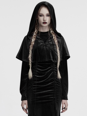 Black Gothic Women's Velvet Hooded Cloak with Fur Ball