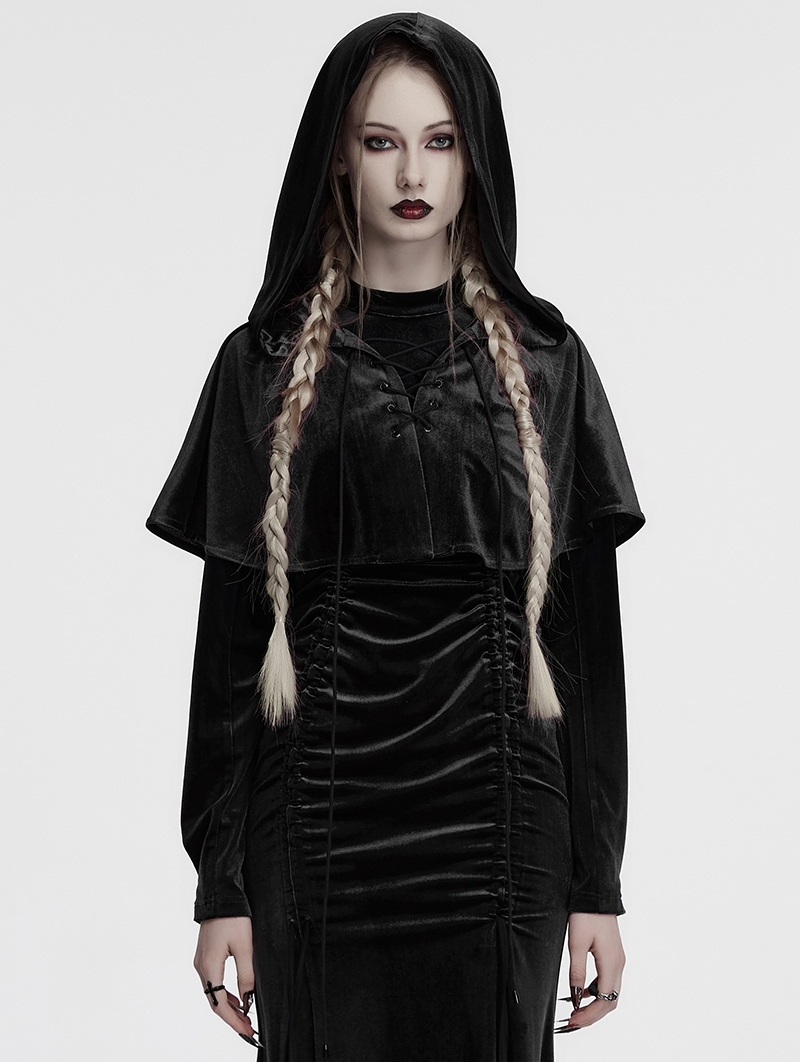 Black Gothic Women's Velvet Hooded Cloak with Fur Ball