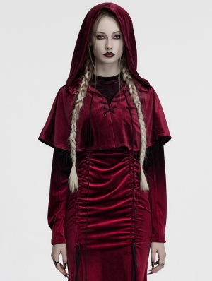 Red Gothic Women's Velvet Hooded Cloak with Fur Ball