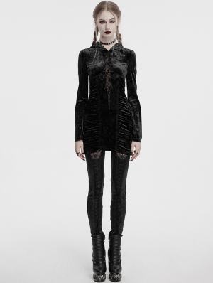 Black Sexy Gothic Velvet Lace Cross Hooded Bodycon Dress