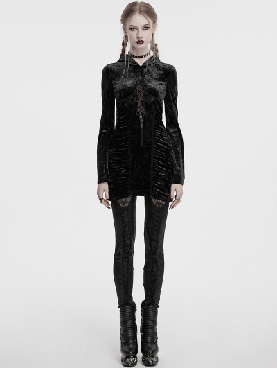 Black Sexy Gothic Velvet Lace Cross Hooded Bodycon Dress