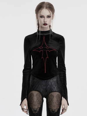 Black Gothic Cross Embroidery Slim Fit Velvet Long Sleeve T-Shirt for Women