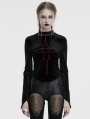 Black Gothic Cross Embroidery Slim Fit Velvet Long Sleeve T-Shirt for Women