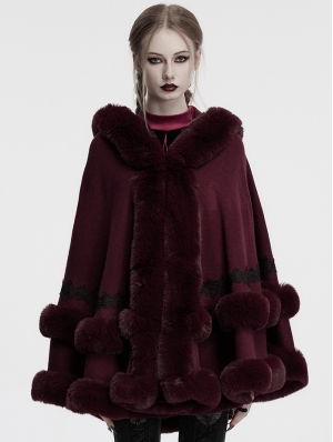 Red Gothic Retro Hooded Loose Fur Cloak for Women
