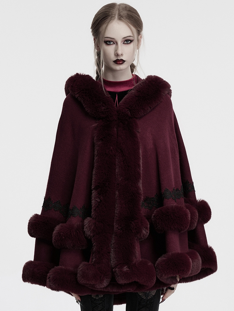 Red Gothic Retro Hooded Loose Fur Cloak for Women
