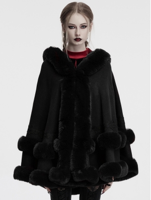 Black Gothic Retro Hooded Loose Fur Cloak for Women