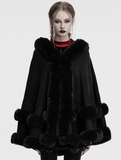 Black Gothic Retro Hooded Loose Fur Cloak for Women