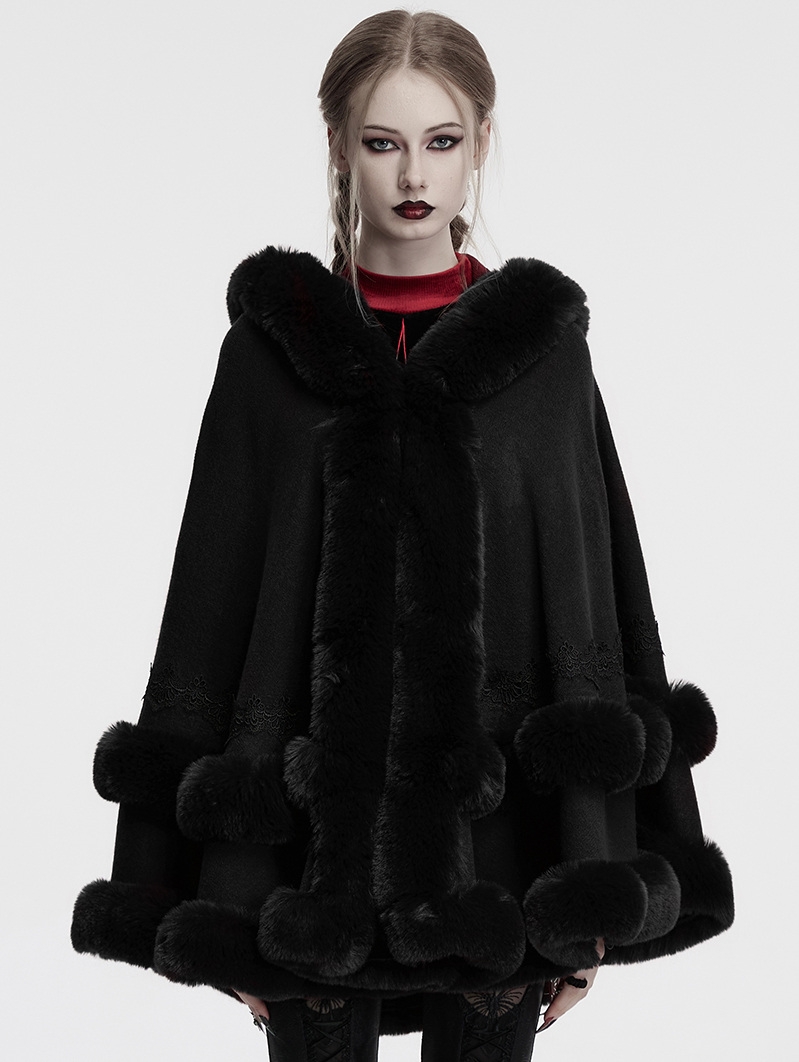 Black Gothic Retro Hooded Loose Fur Cloak for Women
