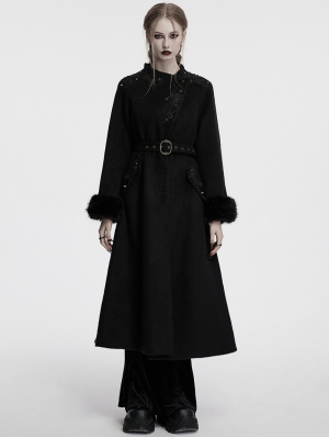 Black Gothic Retro Buckle Belt Long Fur Coat for Women
