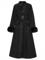Black Gothic Retro Buckle Belt Long Fur Coat for Women