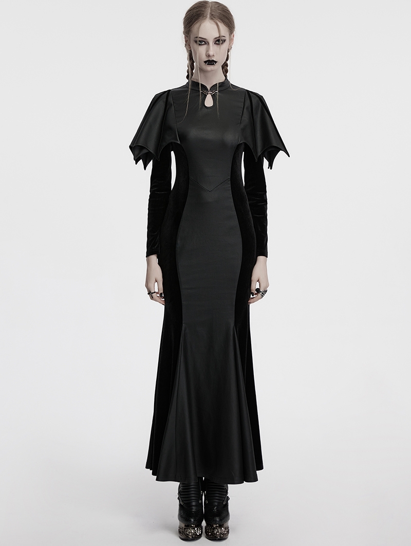 Black Gothic Bat Wide Shoulder Long Fishtail Dress