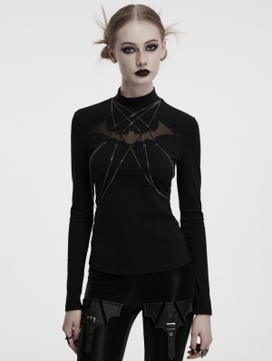 Black Gothic Bat Hollowed Chain Base Long Sleeve T-Shirt for Women