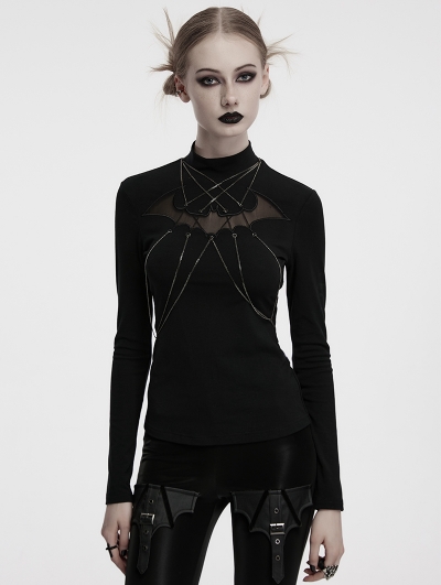 Black Gothic Bat Hollowed Chain Base Long Sleeve T-Shirt for Women