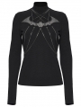 Black Gothic Bat Hollowed Chain Base Long Sleeve T-Shirt for Women