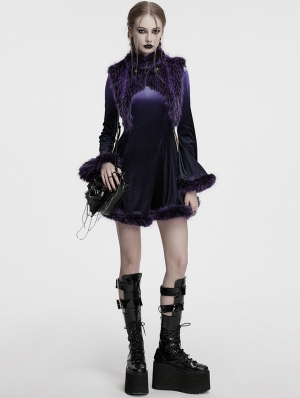 Black and Violet Gothic Gradient Fur Trim Velvet Short Dress