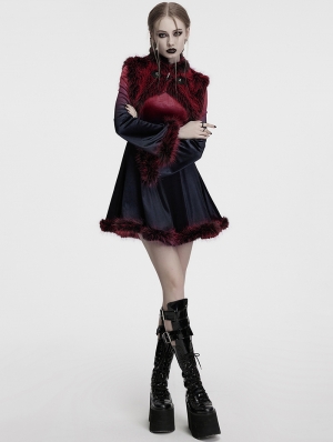 Black and Red Gothic Gradient Fur Trim Velvet Short Dress
