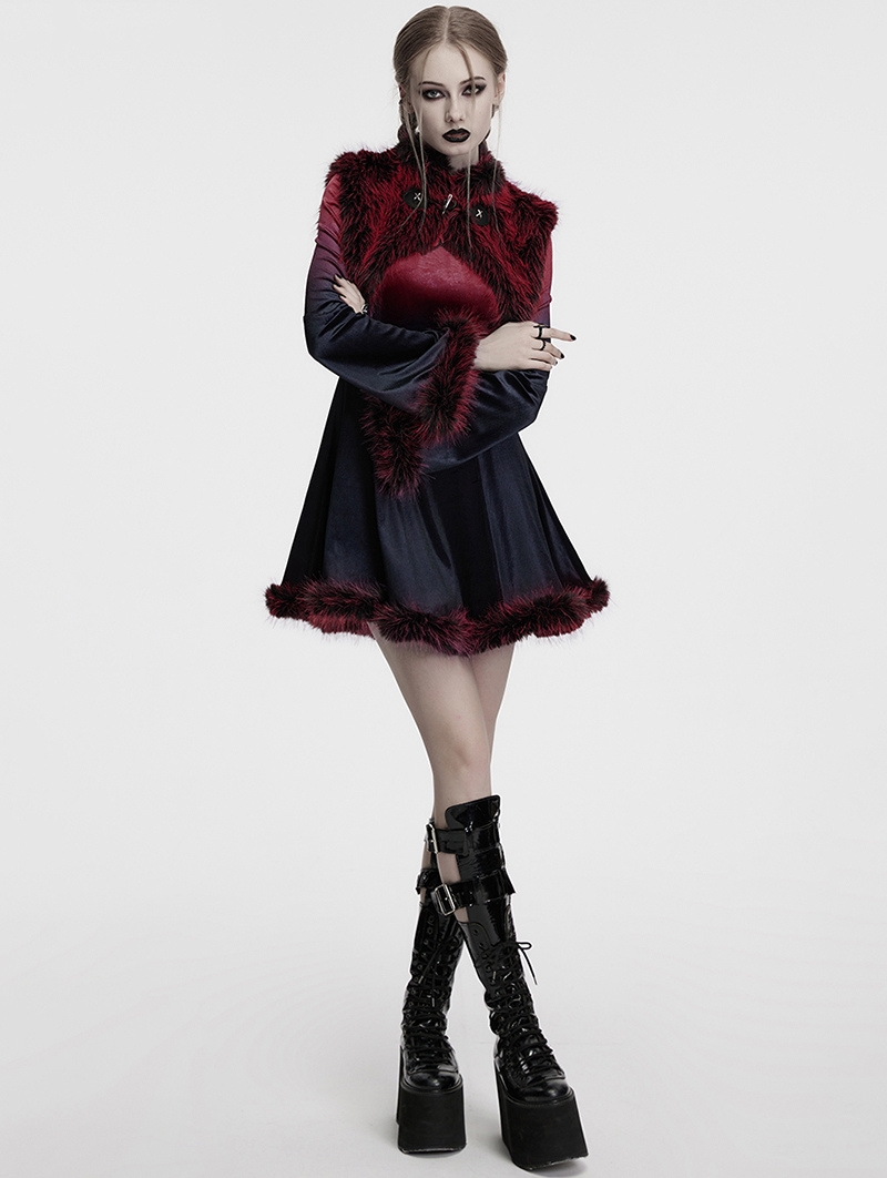 Black and Red Gothic Gradient Fur Trim Velvet Short Dress