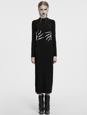Black Sexy Gothic Skeleton Printed High Slit Long Dress