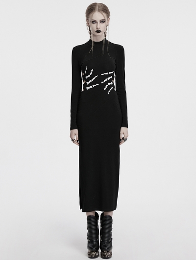Black Sexy Gothic Skeleton Printed High Slit Long Dress