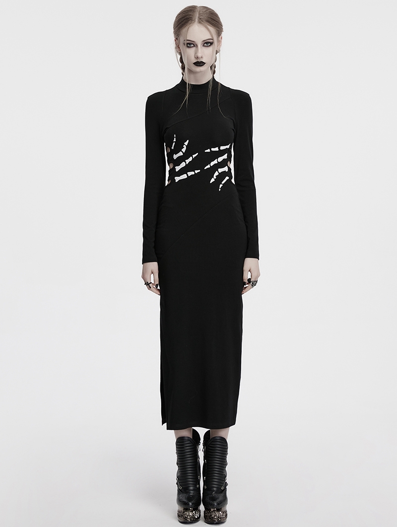 Black Sexy Gothic Skeleton Printed High Slit Long Dress