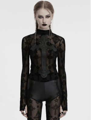 Black Sexy Gothic Cross Flocking Embroidery Long Sleeve T-Shirt for Women