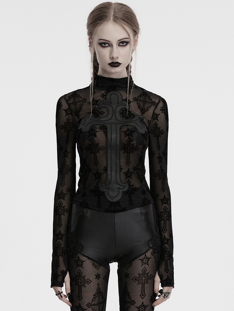 Black Sexy Gothic Cross Flocking Embroidery Long Sleeve T-Shirt for Women