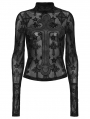 Black Sexy Gothic Cross Flocking Embroidery Long Sleeve T-Shirt for Women